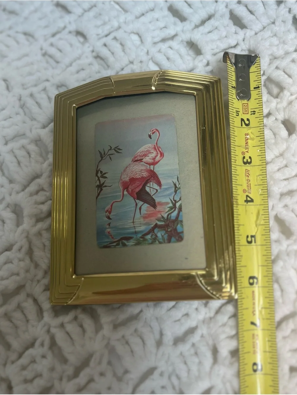 Art Nouveau Solid Brass Frame Vintage Wall Accent with Pink Flamingo Art